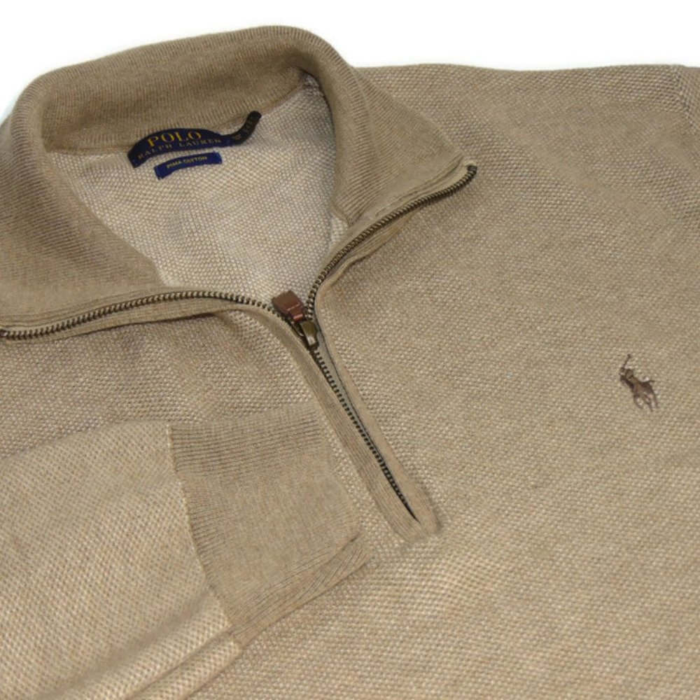 Ralph Lauren Men's 3XB Big Knit Sweater 1/4 Quarter Zip Casual Tan Pima Cotton